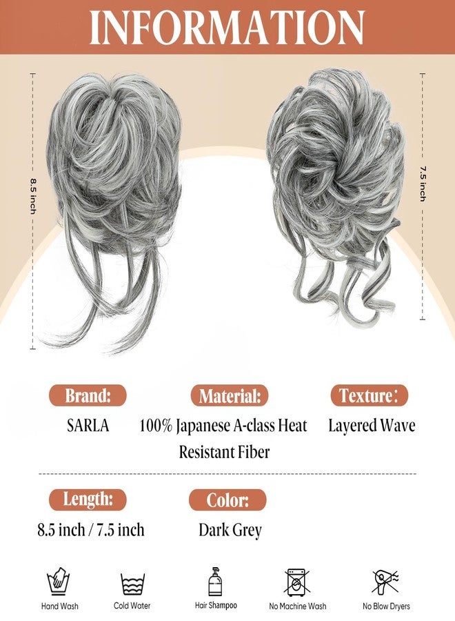SARLA 2PCS Grey Messy Bun Hair Pieces for Women Wavy Curly Synthetic Hairpieces for Updos with Tendrils Fake Scrunchies Ponytail Extension Dark Grey - Image 2